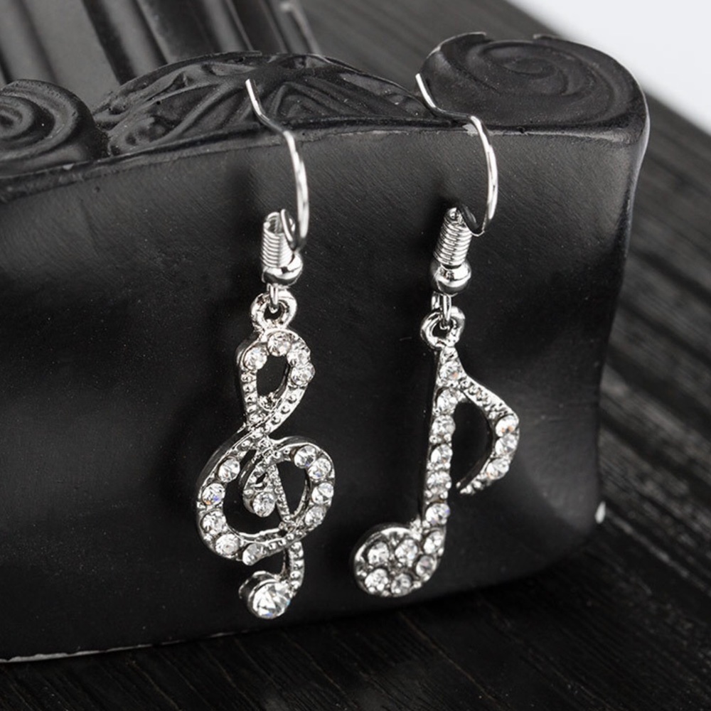 Asymmetric Silver Rhinestone Music Symbol Earrings